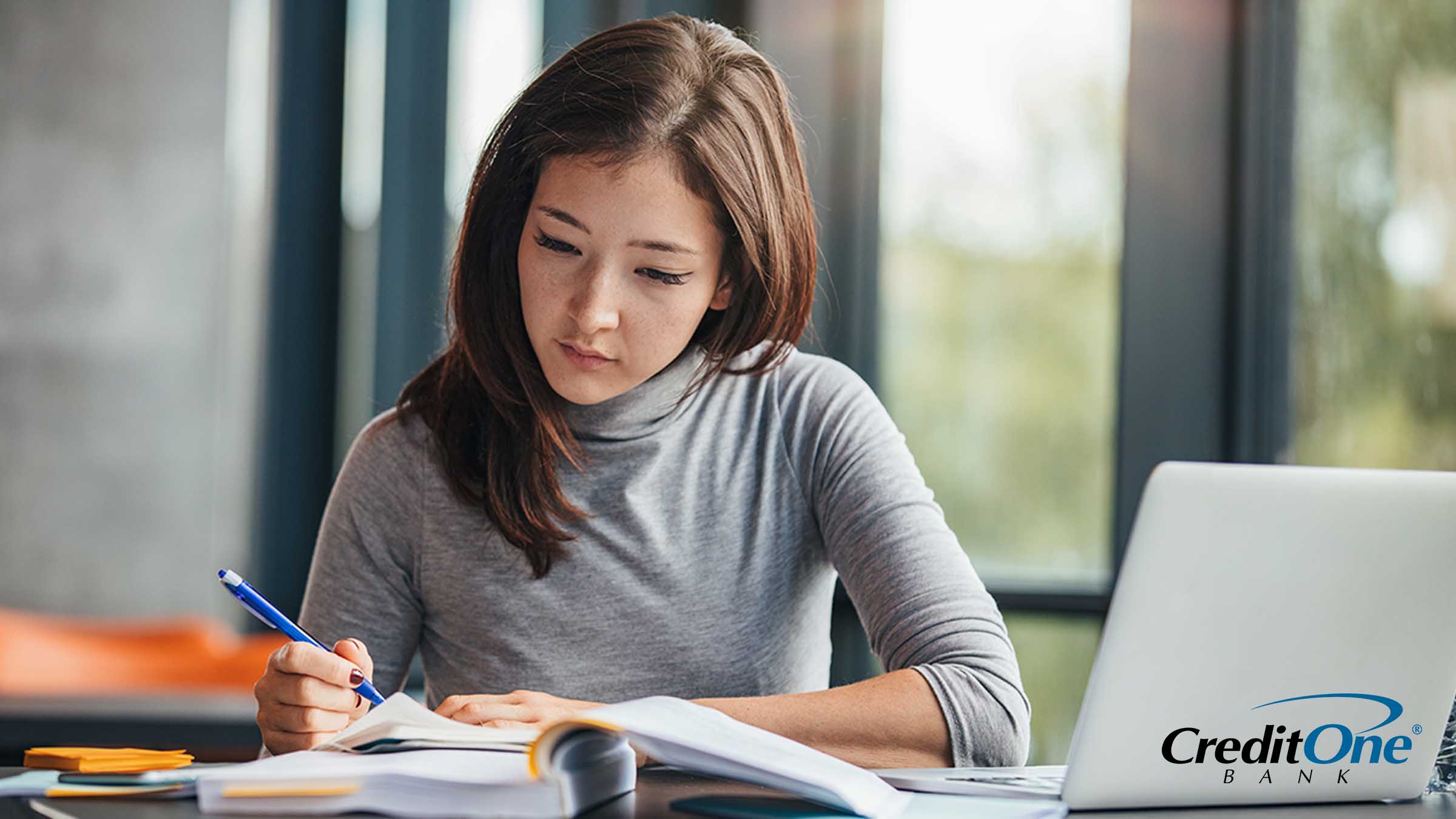 College student studying in the library